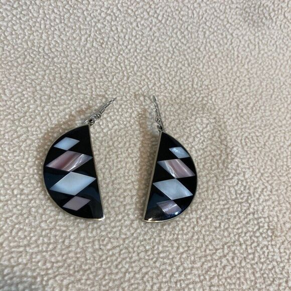 Mother of Pearl Inlaid Earrings Made in Mexico Semicircle Dangle‎ Geometric - Picture 1 of 4
